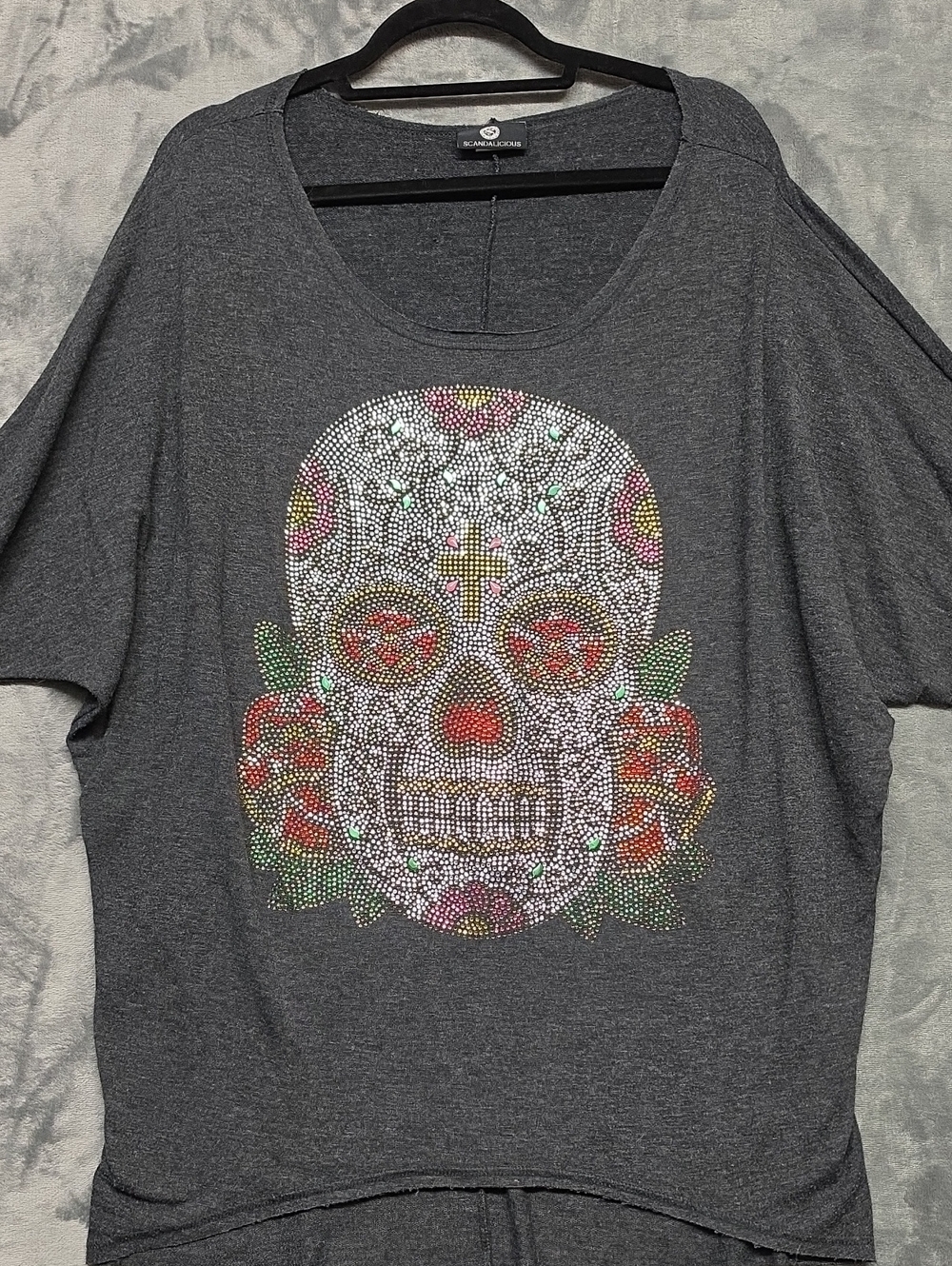 Embellished Skull Graphic Charcoal Women's Soft Top Sz XL